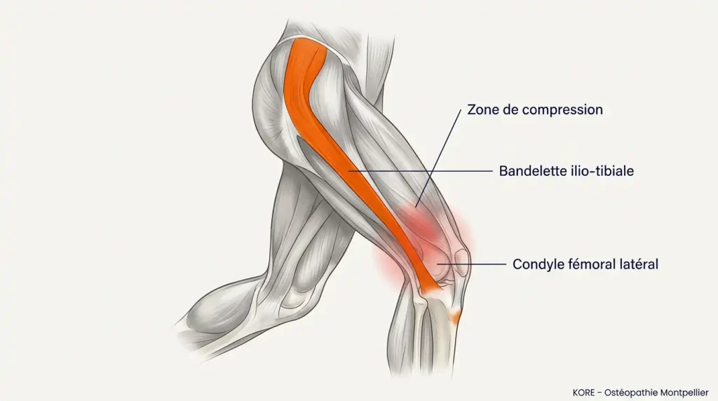 Illustration medicale du syndrome de lessuie glace — bandelette ilio tibiale en orange zone de compression en rouge annotations en francais
